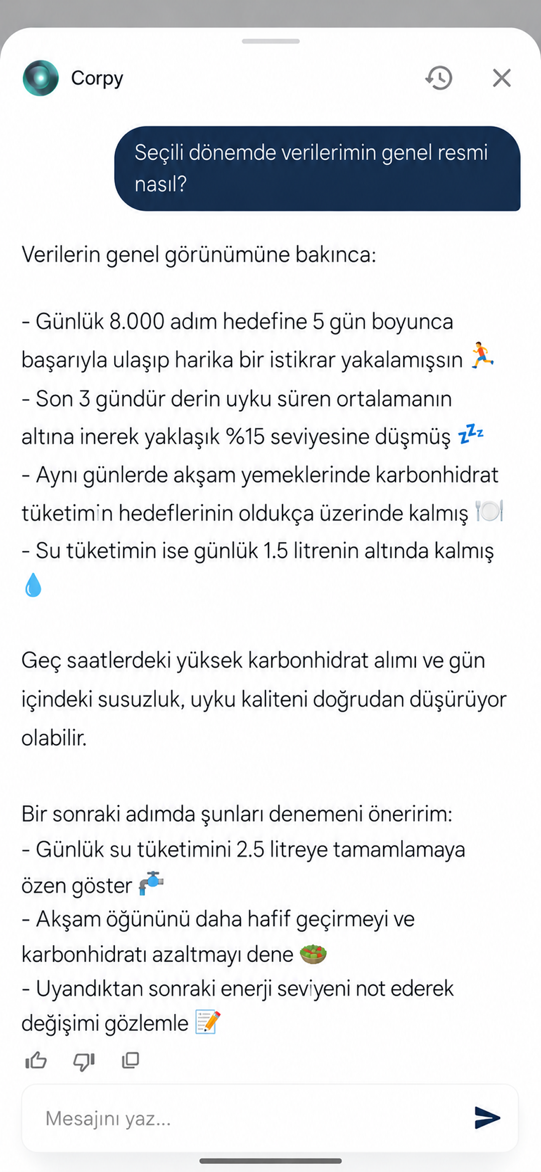 Kişiselleştirilmiş esenlik önerileri ve yaşam tarzı rehberliği sunan Corpy yapay zeka sağlık asistanı sohbet arayüzü.